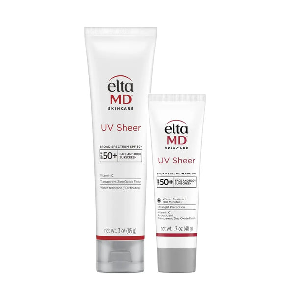 Two bottles of Elta MD UV Sheer sunscreen on a white background