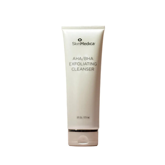 Tube of SkinMedica AHA/BHA Exfoliating Cleanser on a pink background