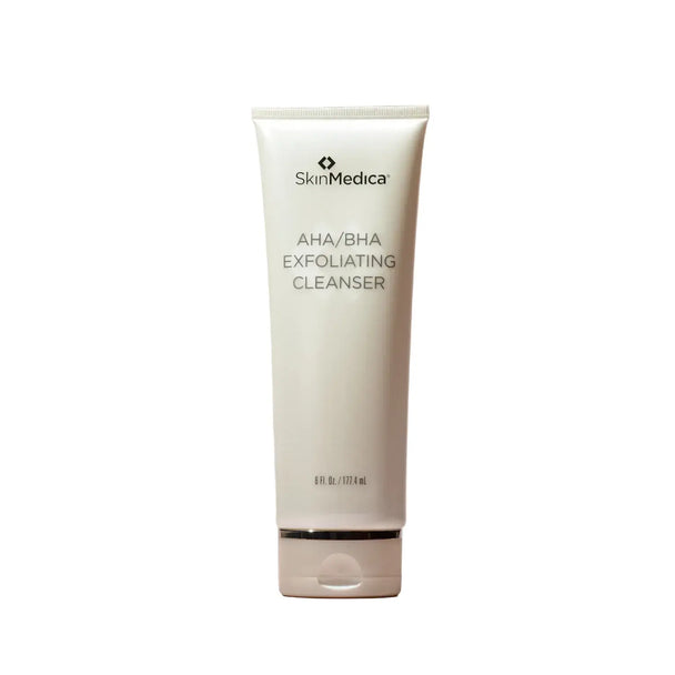 Tube of SkinMedica AHA/BHA Exfoliating Cleanser on a pink background