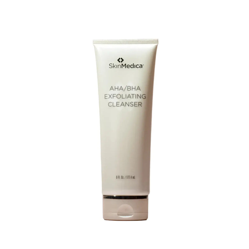Tube of SkinMedica AHA/BHA Exfoliating Cleanser on a pink background