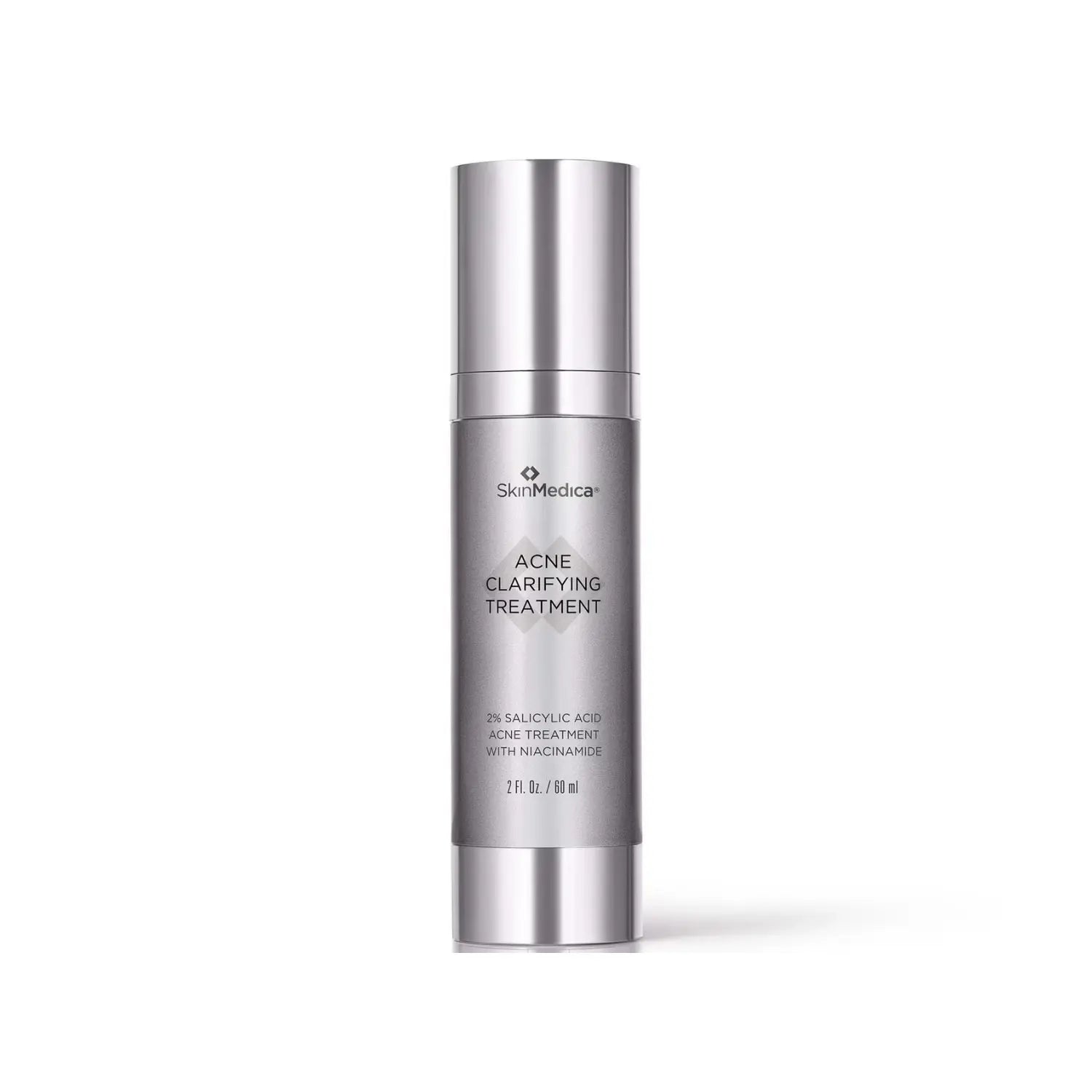 Silver skincare bottle labeled 'Acne Clarifying Treatment' by SkinMedica on a white background