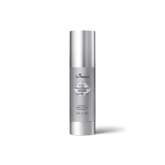 Skincare serum bottle with 'SkinMedica' branding on a white background