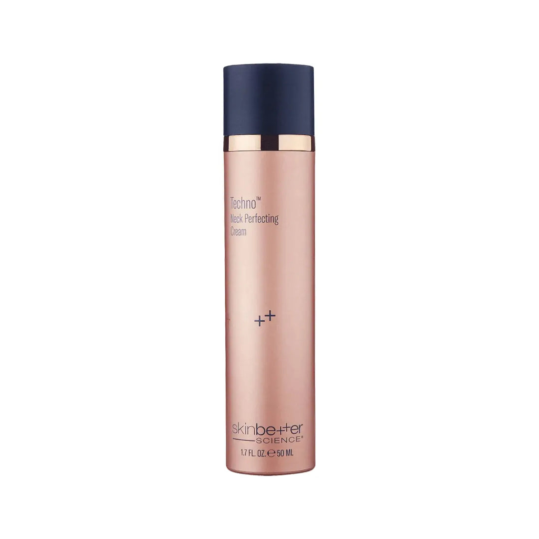 Skincare bottle with rose gold body and navy blue cap on a light gray background