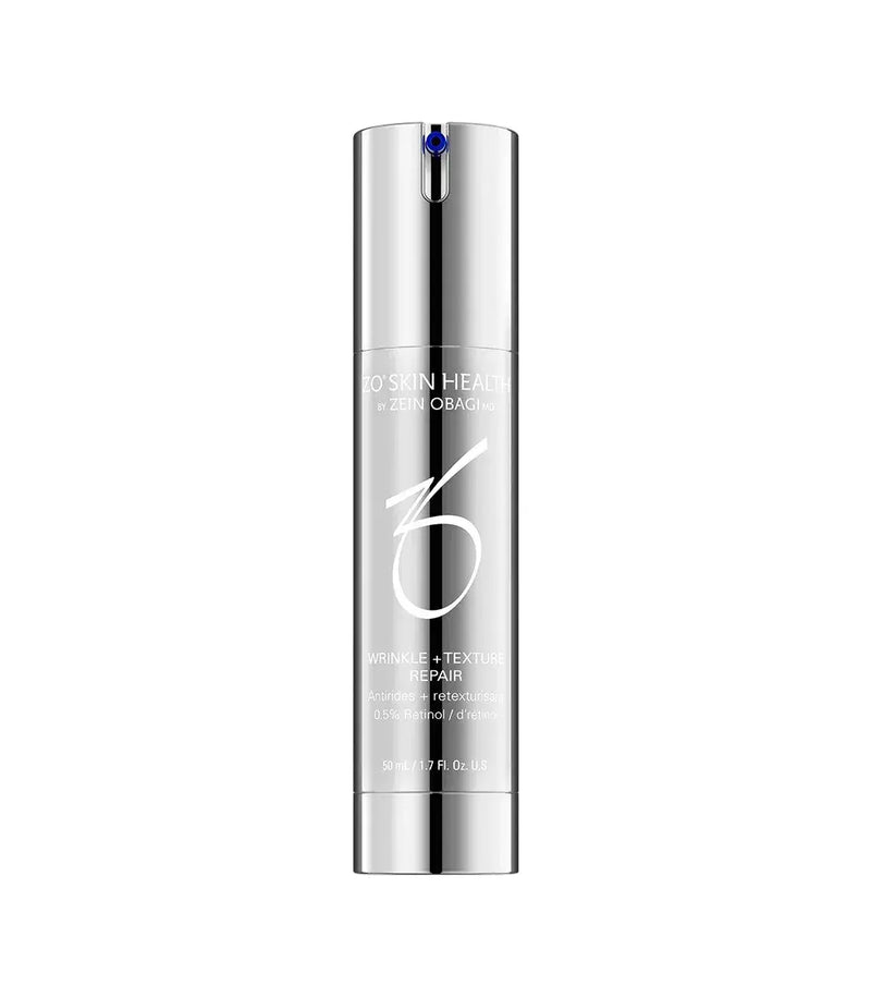 Silver skincare bottle with brand logo on a white background